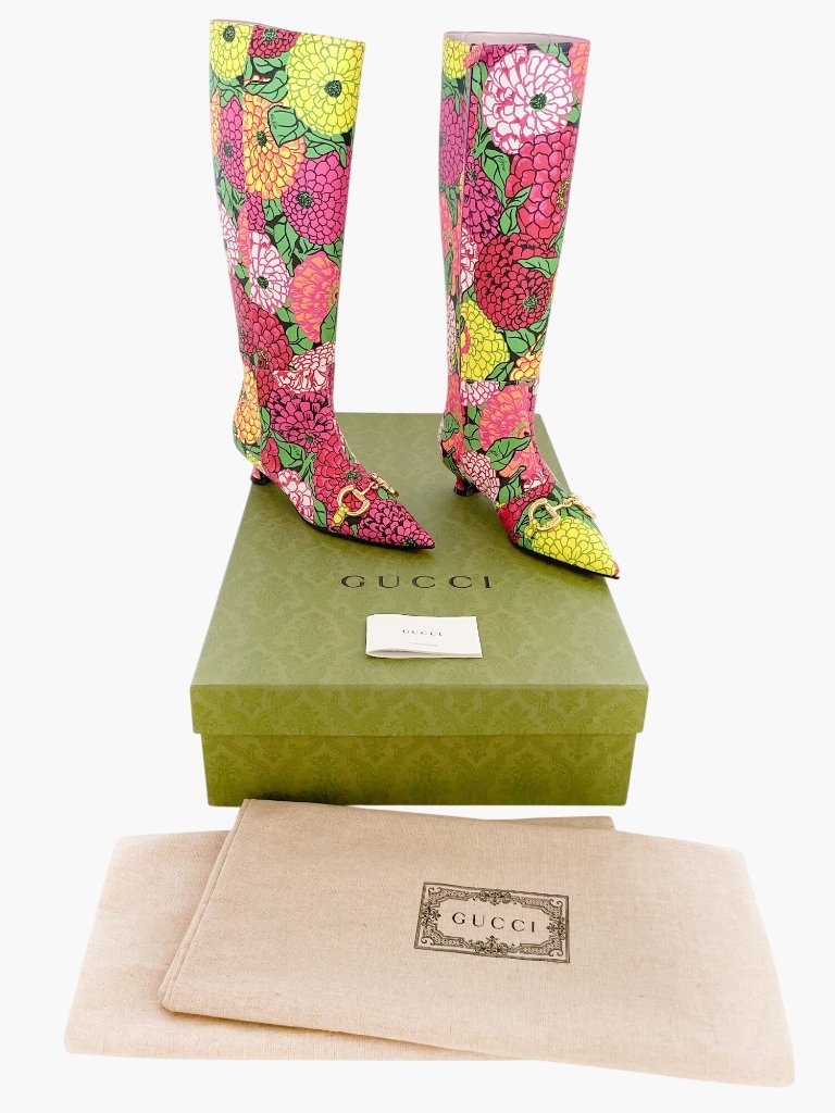 Gucci Ken Scott Horsebit Knee High Boot Eu 36.5 Us 6.5 Pink Floral Kitten Heel